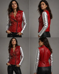 Leather Christmas Vintage Motorcycle Biker Women Jacket with Metallic Silver Padded Sleeve