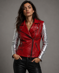 Leather Christmas Vintage Motorcycle Biker Women Jacket with Metallic Silver Padded Sleeve