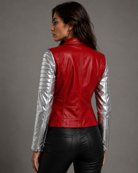 Leather Christmas Vintage Motorcycle Biker Women Jacket with Metallic Silver Padded Sleeve