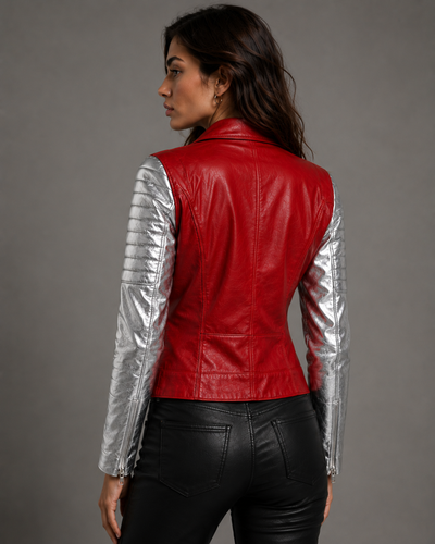 Leather Christmas Vintage Motorcycle Biker Women Jacket with Metallic Silver Padded Sleeve