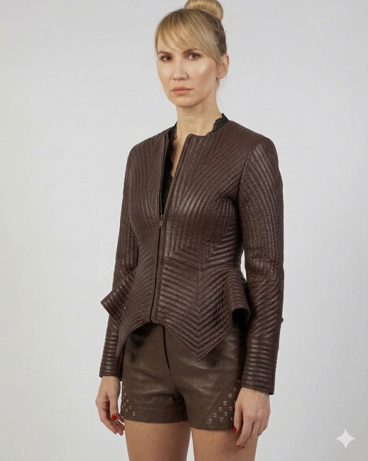 Emma Women Multi Stitch Leather Frock Jacket