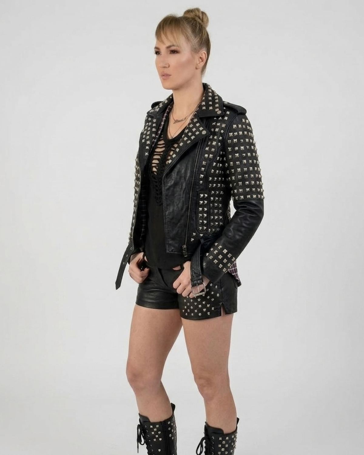 Leather Multi Studded Motorcycle Biker Woman Jacket with Buckle Belt