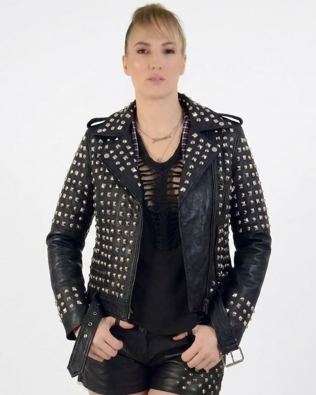 Leather Multi Studded Motorcycle Biker Woman Jacket with Buckle Belt