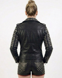 Leather Multi Studded Motorcycle Biker Woman Jacket with Buckle Belt
