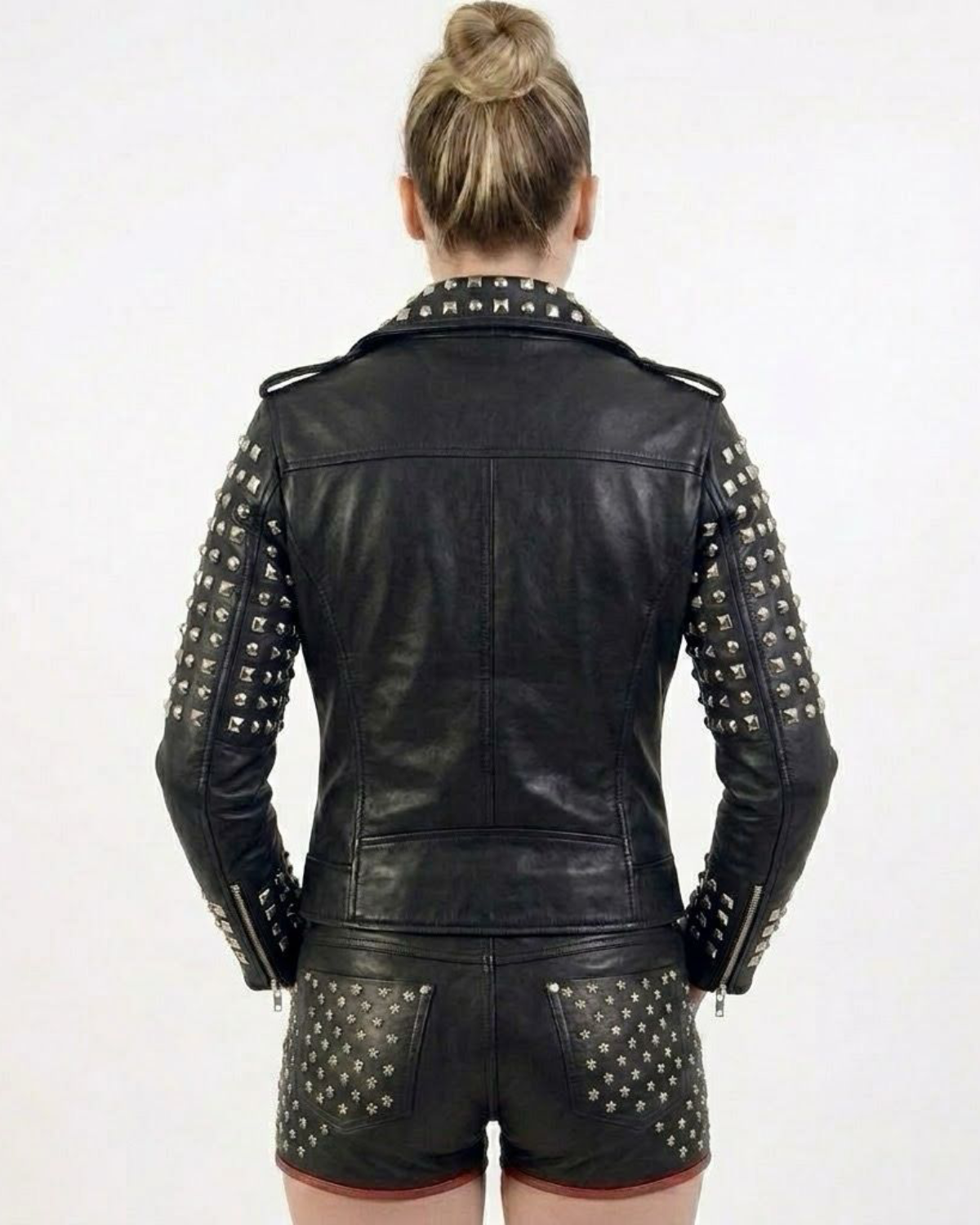 Leather Multi Studded Motorcycle Biker Woman Jacket with Buckle Belt