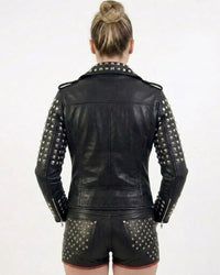 Leather Multi Studded Motorcycle Biker Woman Jacket with Buckle Belt
