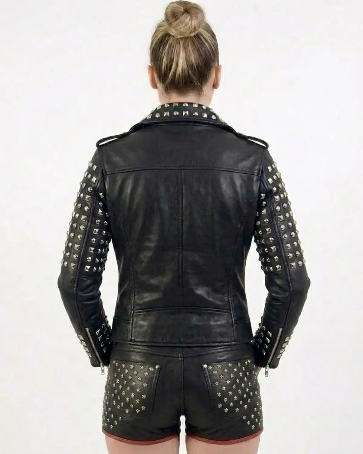 Leather Multi Studded Motorcycle Biker Woman Jacket with Buckle Belt