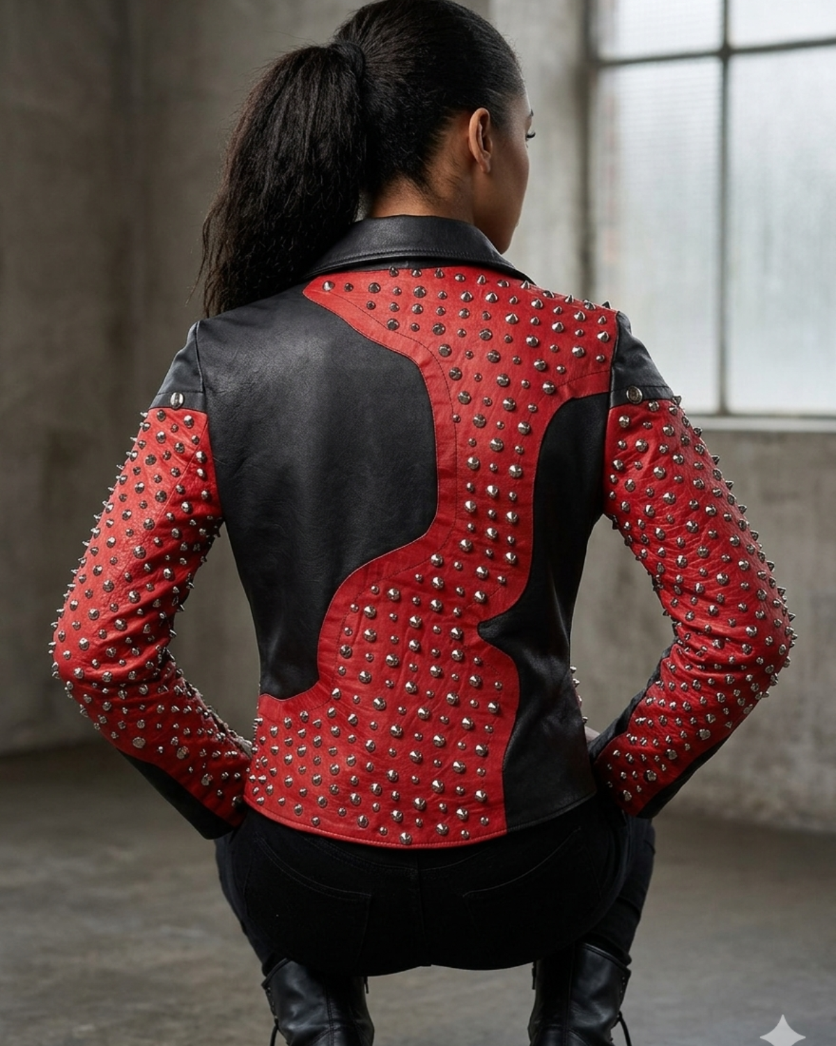 Leather Multi Studded with Rivets buttons   Woman Jacket