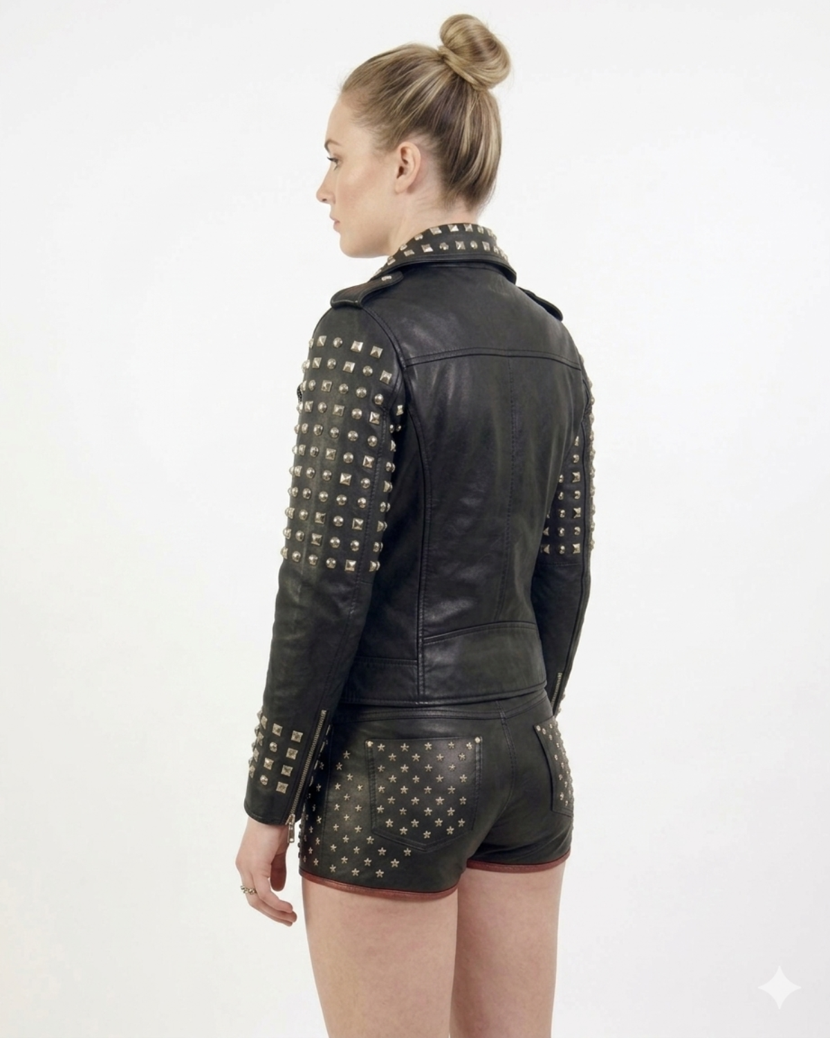 Leather Multi Studded Motorcycle Biker Woman Jacket with Buckle Belt