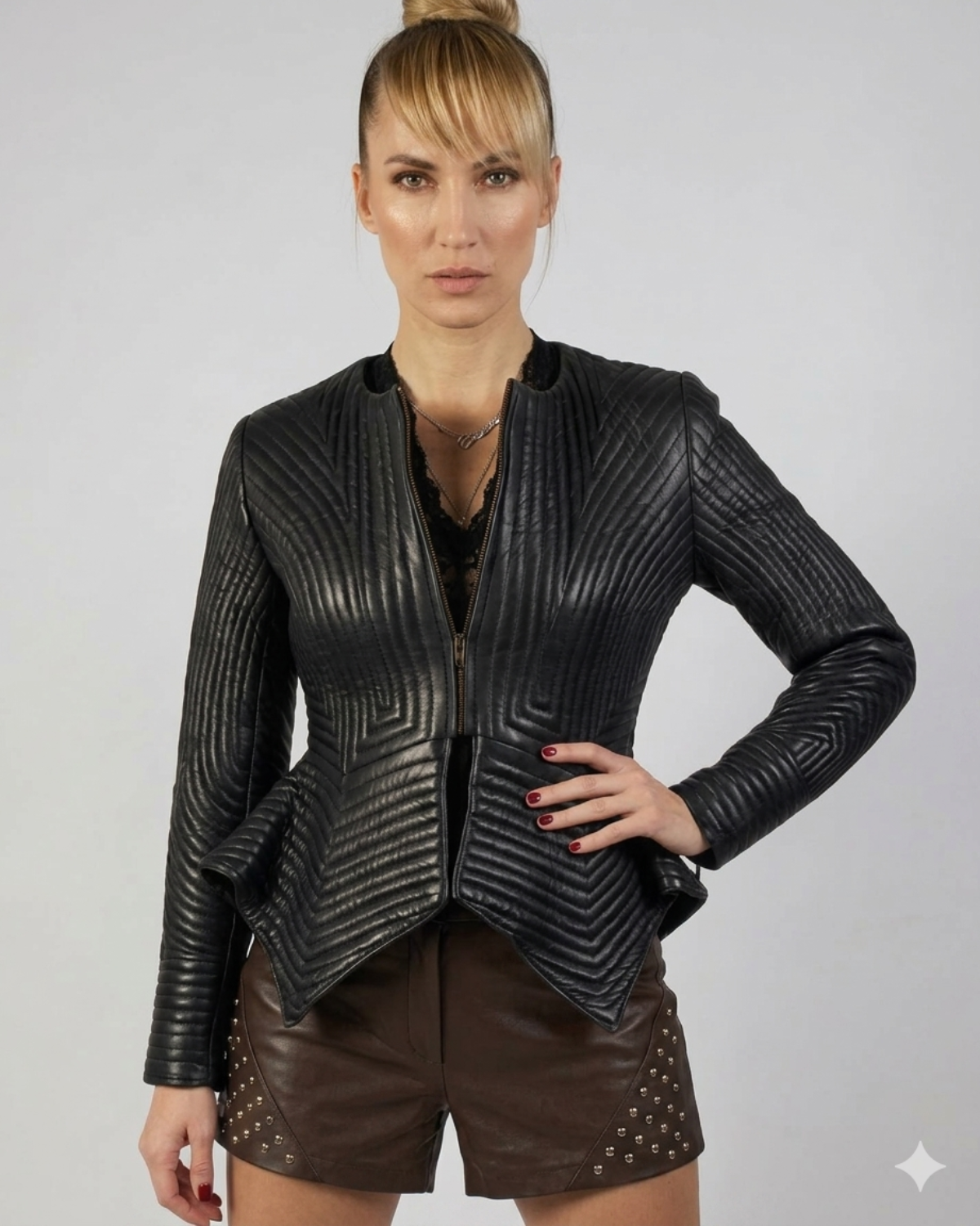 Emma Women Multi Stitch Leather Frock Jacket