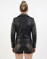 Leather Multi Studded Motorcycle Biker Woman Jacket with Buckle Belt