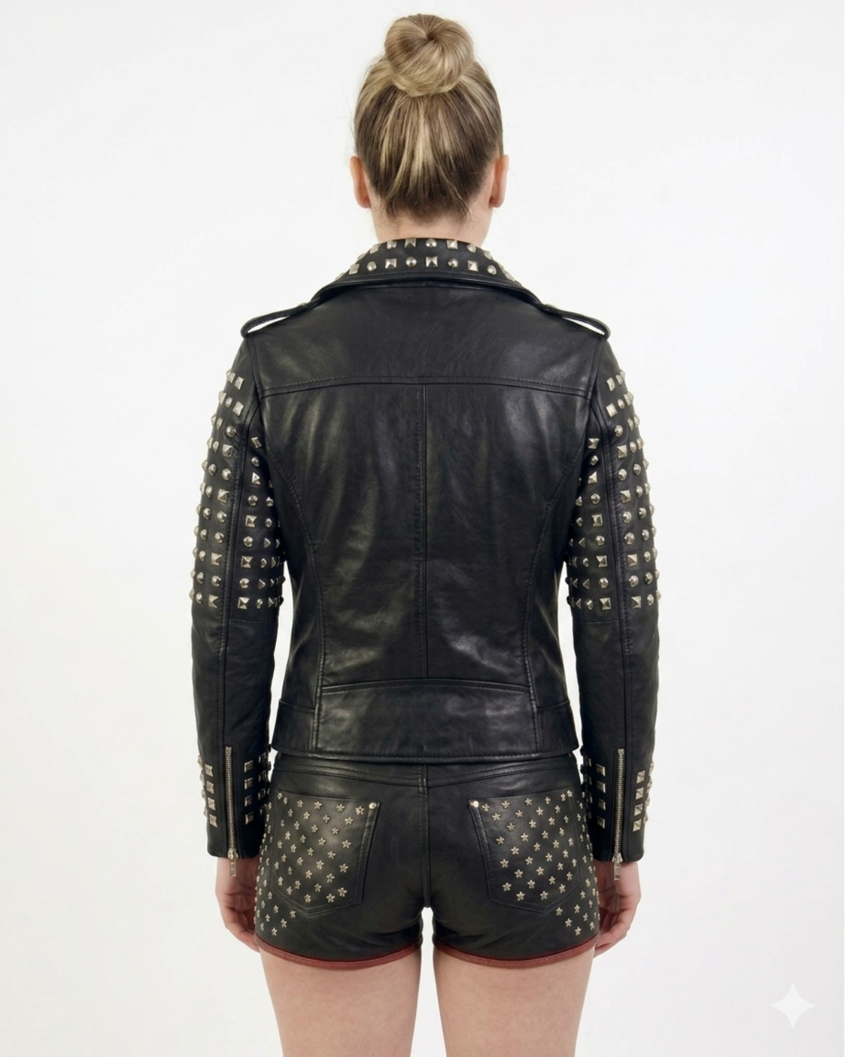Leather Multi Studded Motorcycle Biker Woman Jacket with Buckle Belt