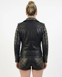 Leather Multi Studded Motorcycle Biker Woman Jacket with Buckle Belt