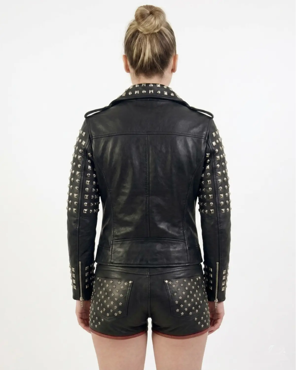 Leather Multi Studded Motorcycle Biker Woman Jacket with Buckle Belt