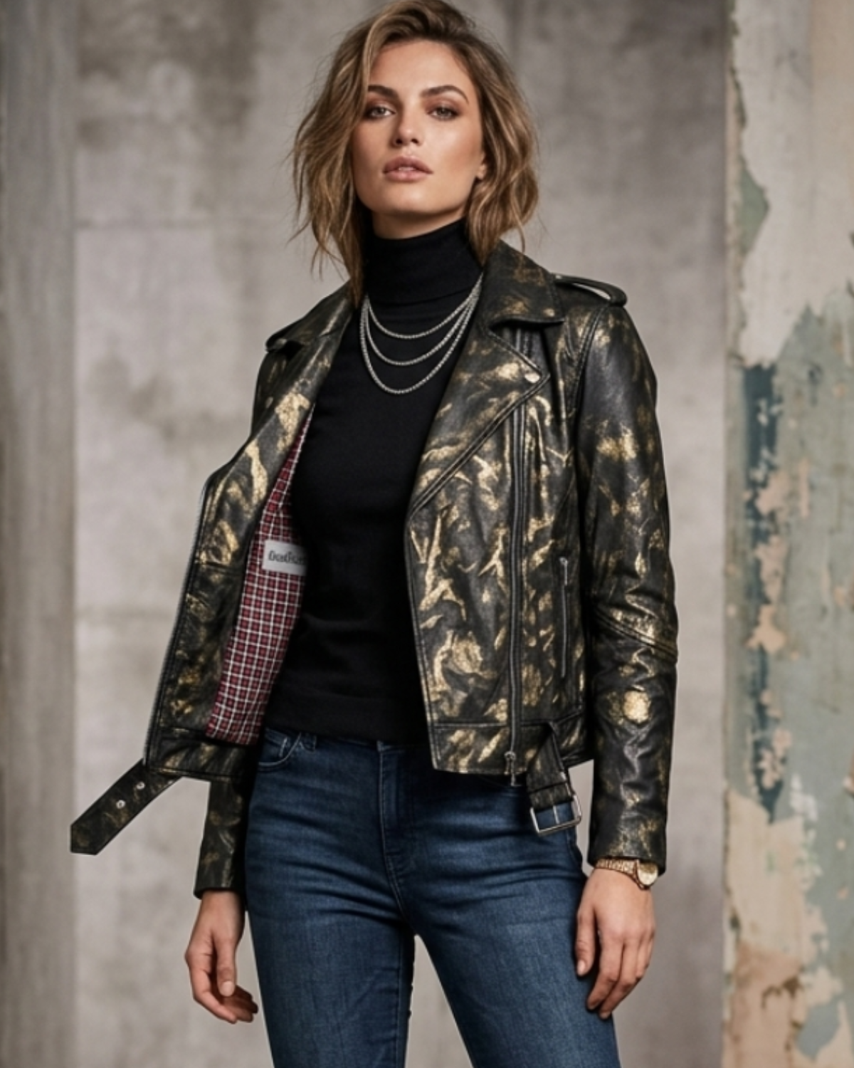 Vintage Golden Abstract Women Classic Biker Leather Jacket