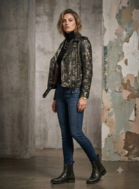Vintage Golden Abstract Women Classic Biker Leather Jacket
