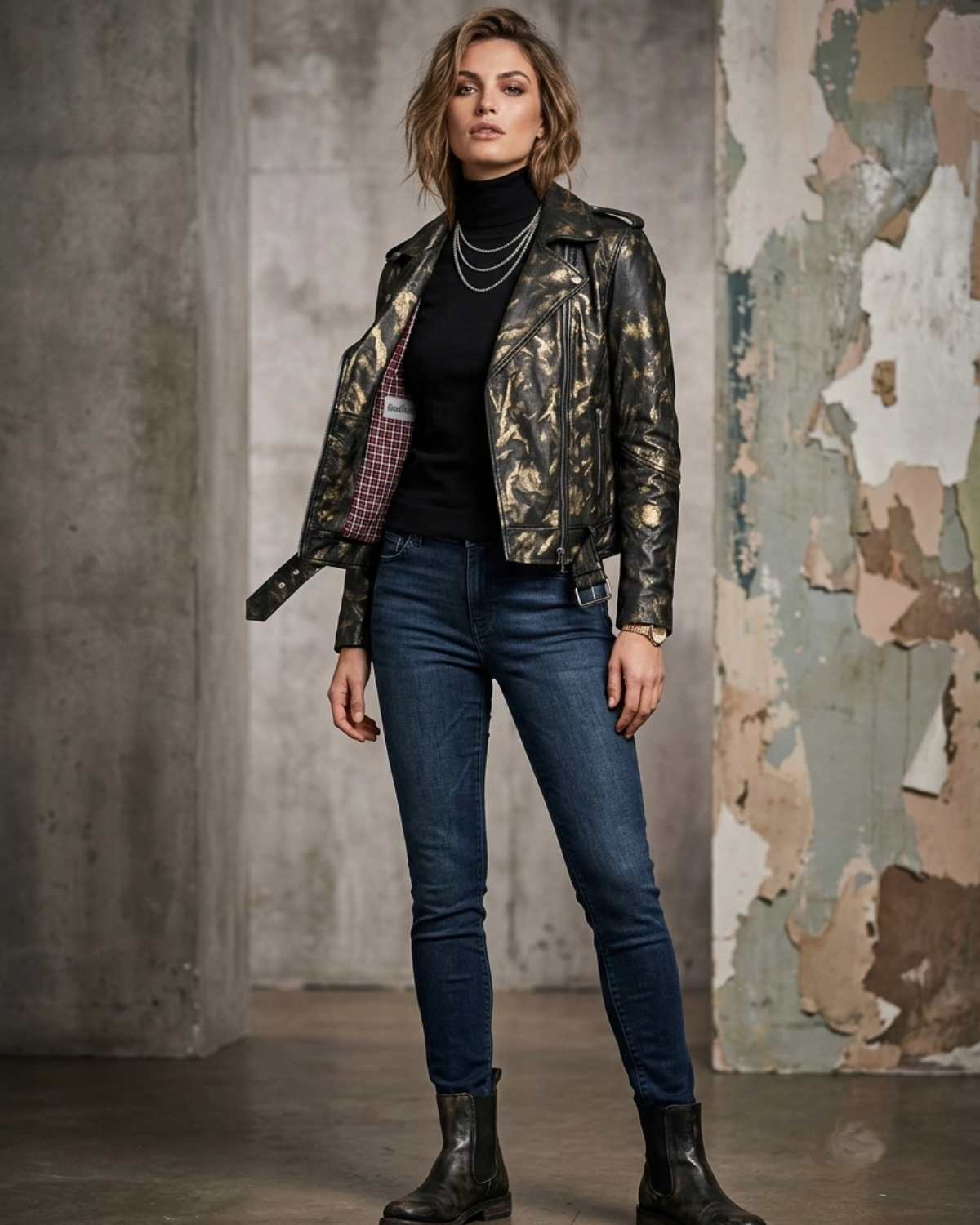 Vintage Golden Abstract Women Classic Biker Leather Jacket