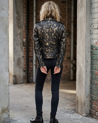 Vintage Golden Abstract Women Classic Biker Leather Jacket