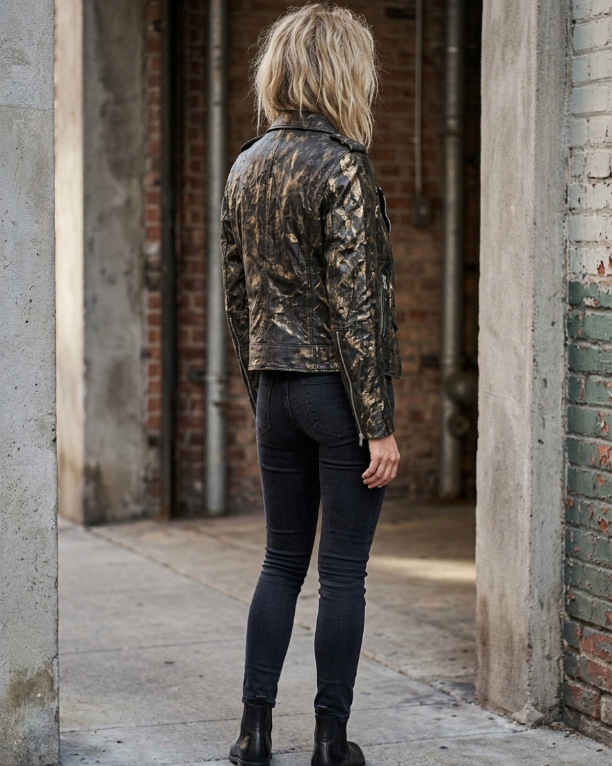 Vintage Golden Abstract Women Classic Biker Leather Jacket