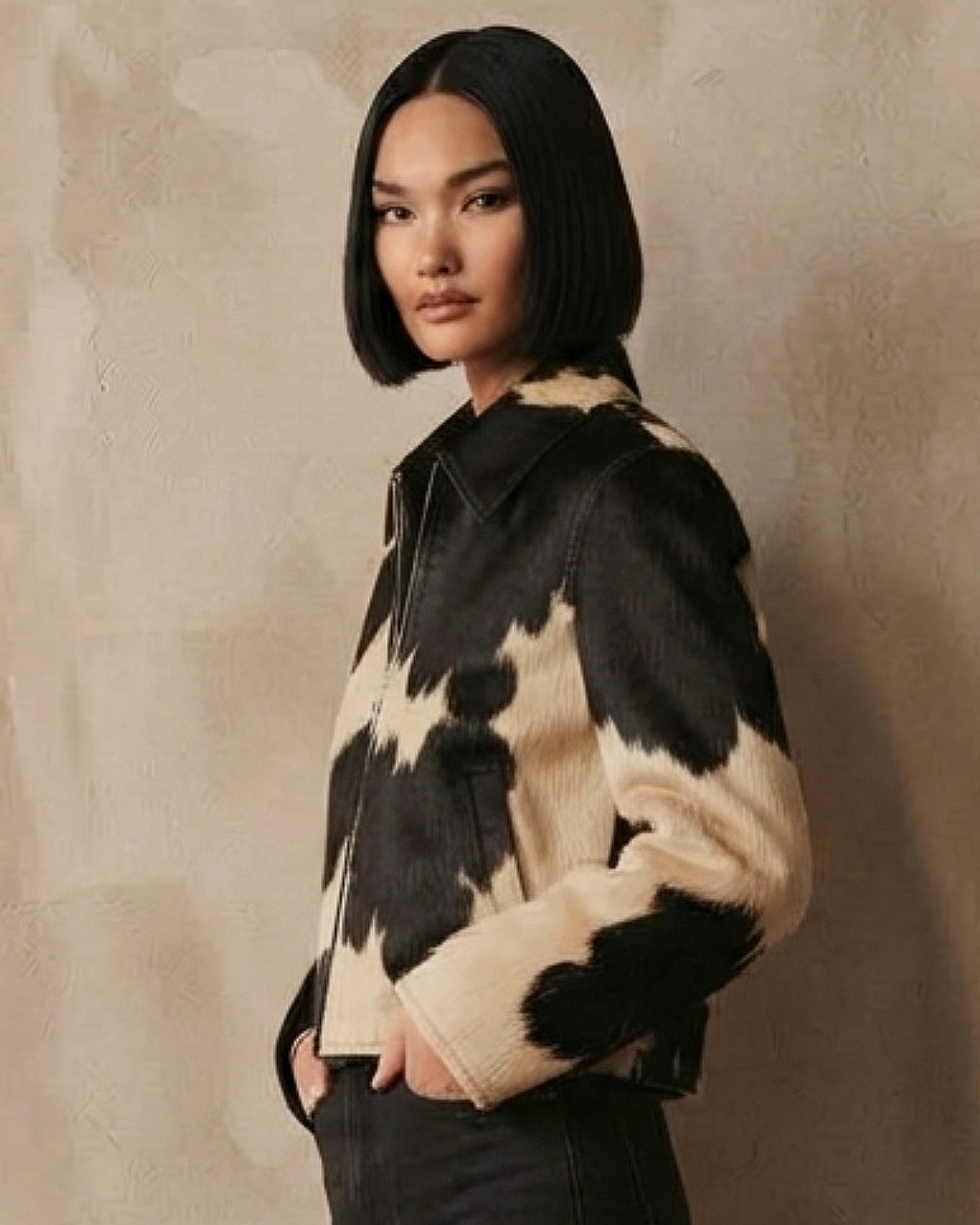 Women's Black and White Hair-on Cowhide Zip-Up Jacket