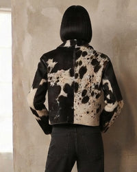 Women's Black and White Hair-on Cowhide Zip-Up Jacket