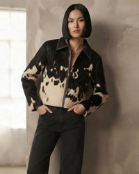 Women's Black and White Hair-on Cowhide Zip-Up Jacket