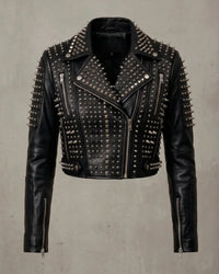 Premium Cropped Studded Biker Leather Jacket