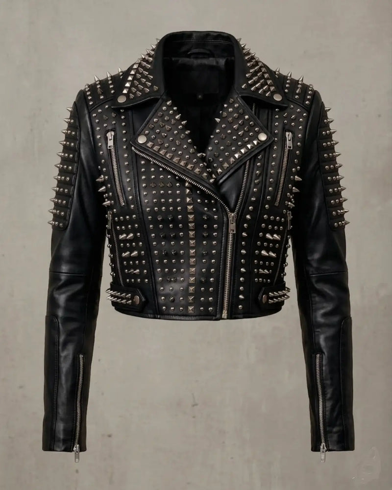 Premium Cropped Studded Biker Leather Jacket