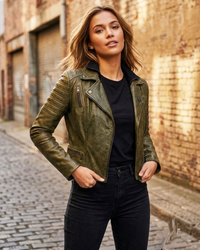 Women Leather Washed Vintage Motorcycle Biker Jacket