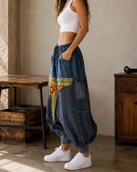 Handmade Ethnic Patchwork Denim Harem Pant – Unisex Artisan Boho Jeans | Vannamoda