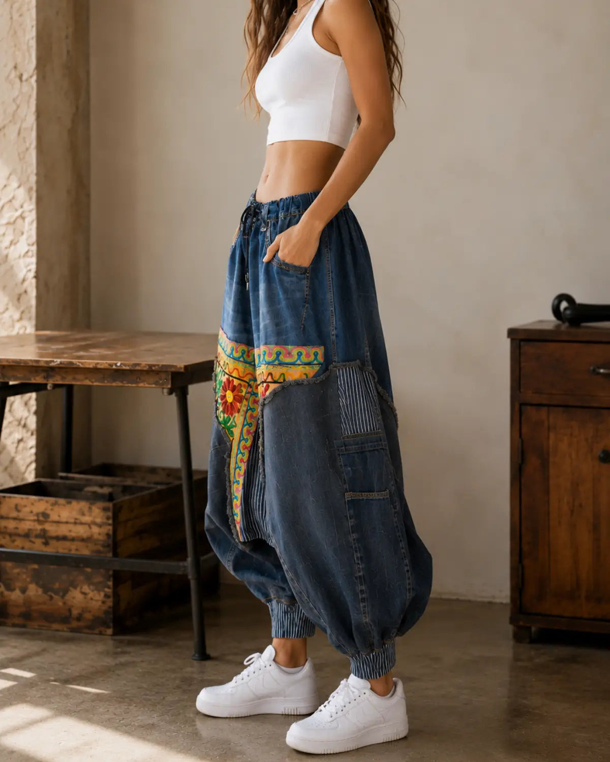 Handmade Ethnic Patchwork Denim Harem Pant – Unisex Artisan Boho Jeans | Vannamoda