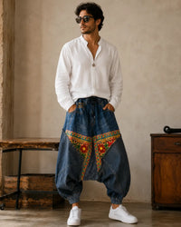 Handmade Ethnic Patchwork Denim Harem Pant – Unisex Artisan Boho Jeans | Vannamoda