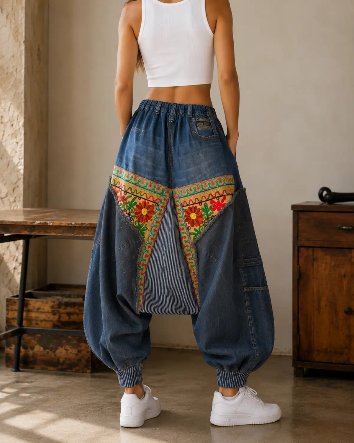 Handmade Ethnic Patchwork Denim Harem Pant – Unisex Artisan Boho Jeans | Vannamoda