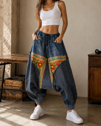 Handmade Ethnic Patchwork Denim Harem Pant – Unisex Artisan Boho Jeans | Vannamoda