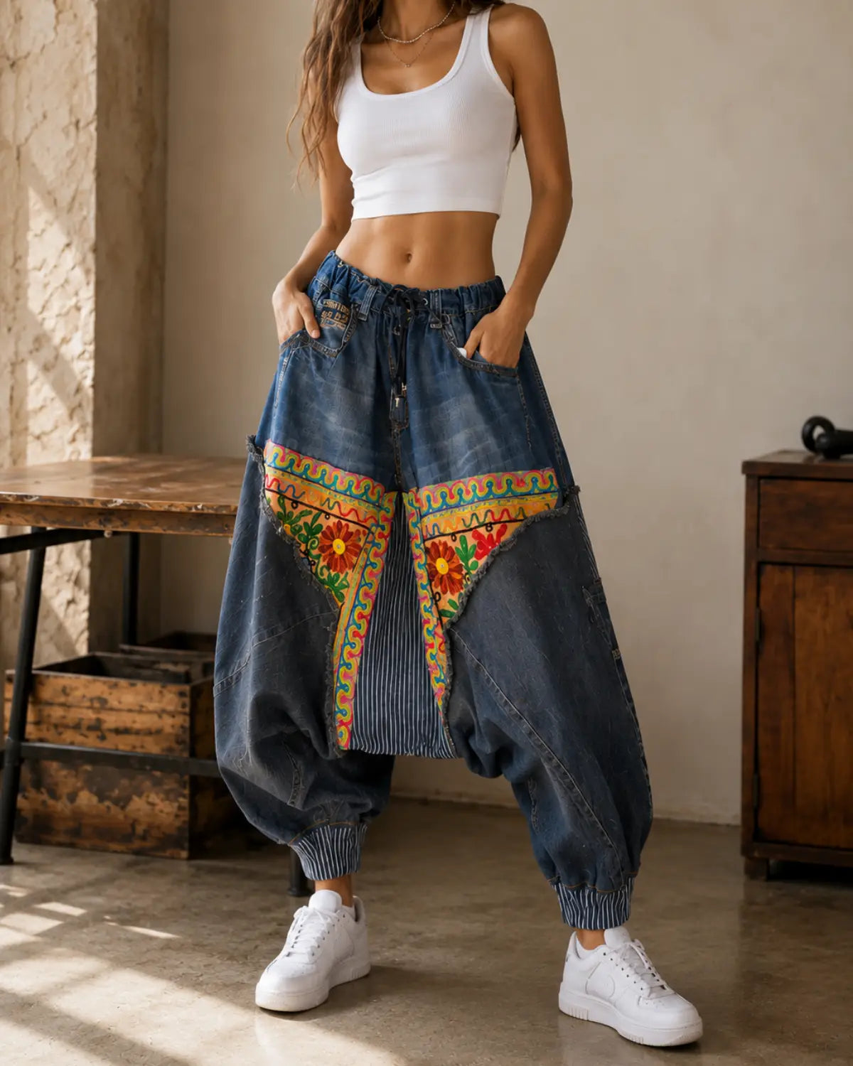 Handmade Ethnic Patchwork Denim Harem Pant – Unisex Artisan Boho Jeans | Vannamoda
