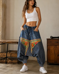 Handmade Ethnic Patchwork Denim Harem Pant – Unisex Artisan Boho Jeans | Vannamoda