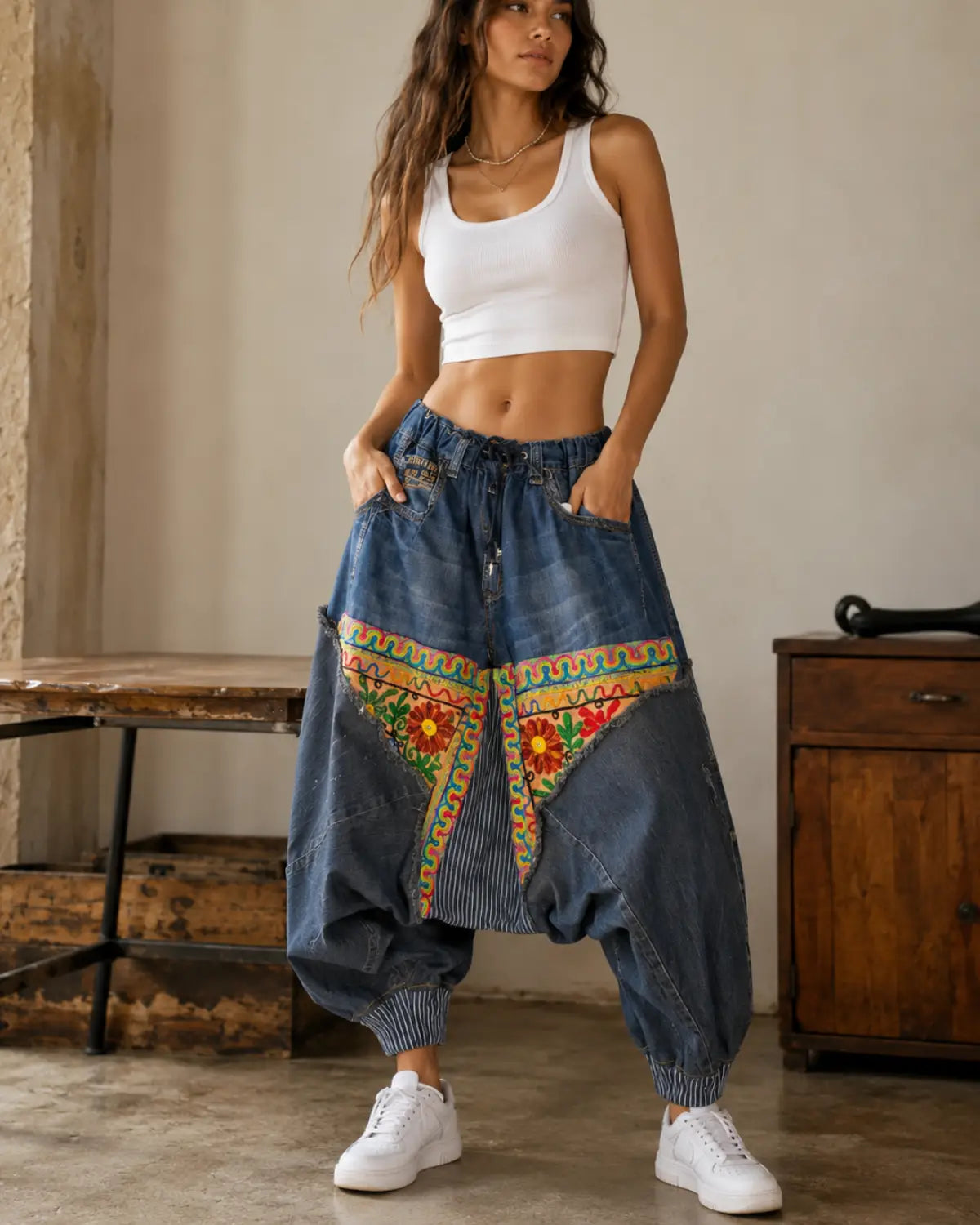 Handmade Ethnic Patchwork Denim Harem Pant – Unisex Artisan Boho Jeans | Vannamoda