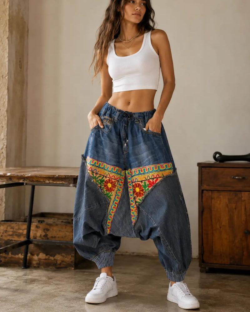 Handmade Ethnic Patchwork Denim Harem Pant – Unisex Artisan Boho Jeans | Vannamoda