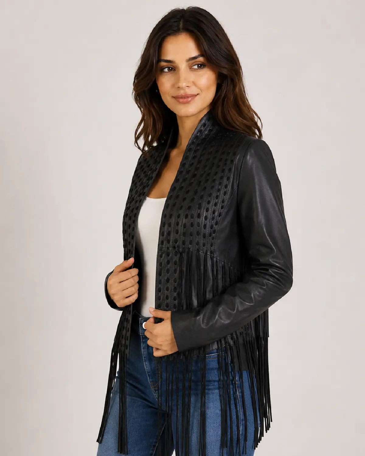 Designer Women Hand Woven Fringed Leather Jacket