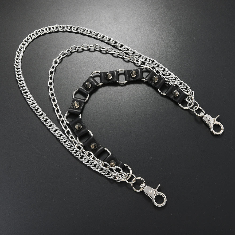 Best Seller 3 layered Loop Punk Rock Hot Seller Unisex Streetwear Punk Wallet Chain with Spikes on Leather Chain