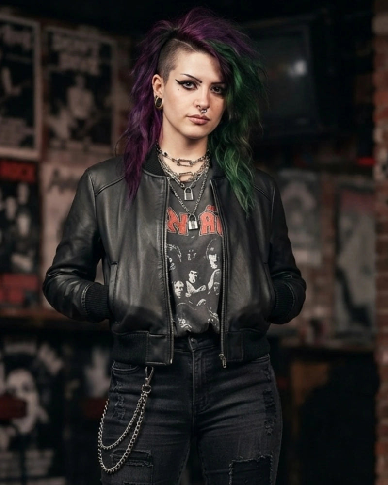 woman is wearing a black Lamb leather jacket with  layered necklaces, and a wallet chain looped in jeans all designed by Vannamoda NYC. 