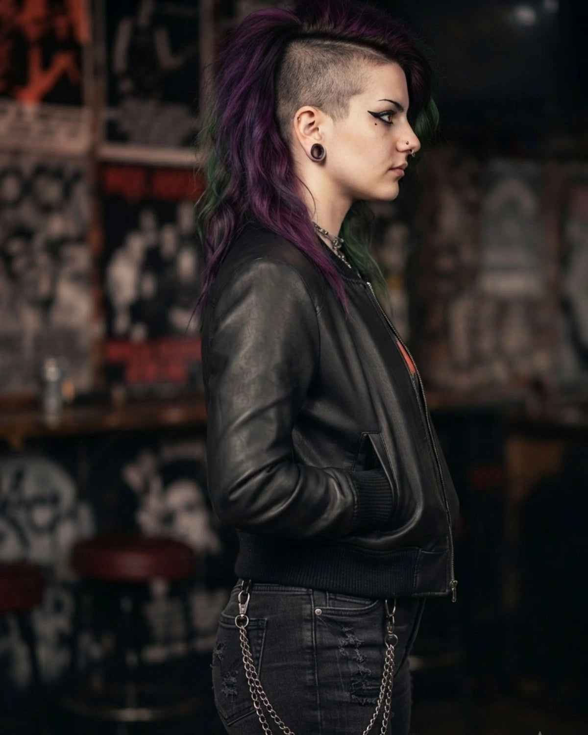 woman is wearing a black Lamb leather jacket with  layered necklaces, leather studded bracelet and a wallet chain looped in jeans all designed by Vannamoda NYC. 