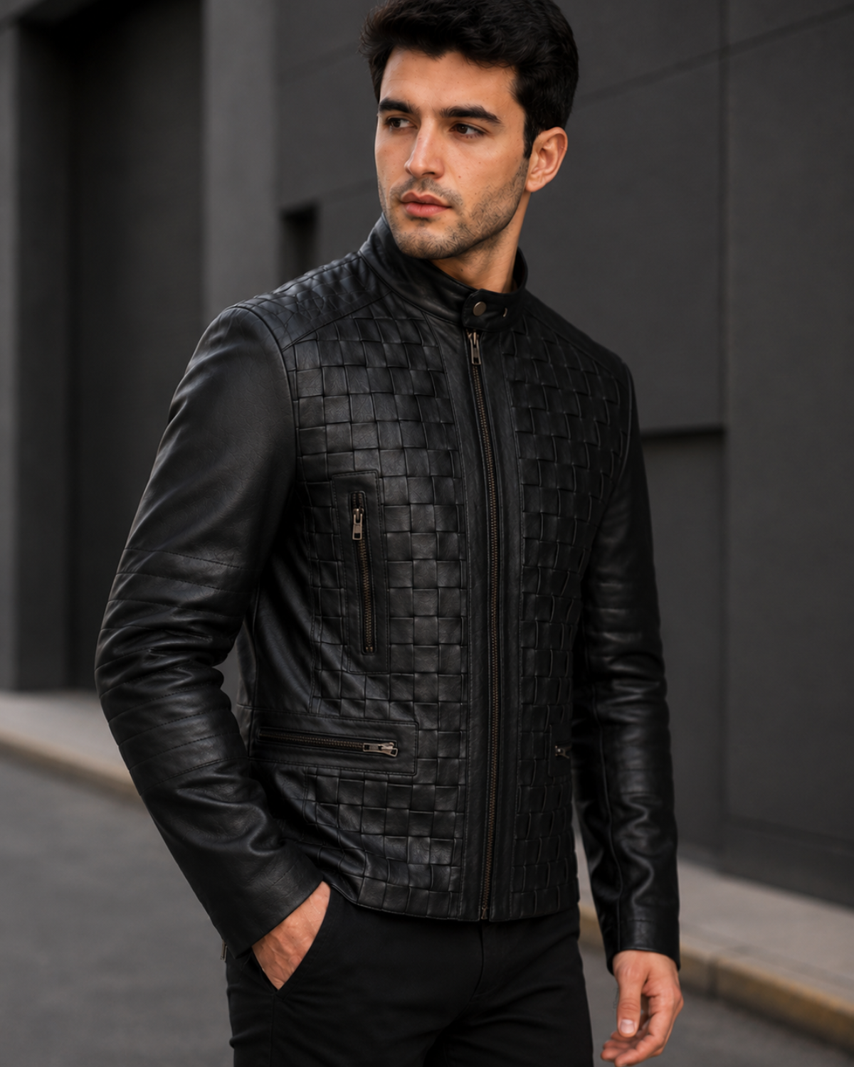 Jose Men's Black Woven Lamb Leather Biker Jacket with Stand Collar
