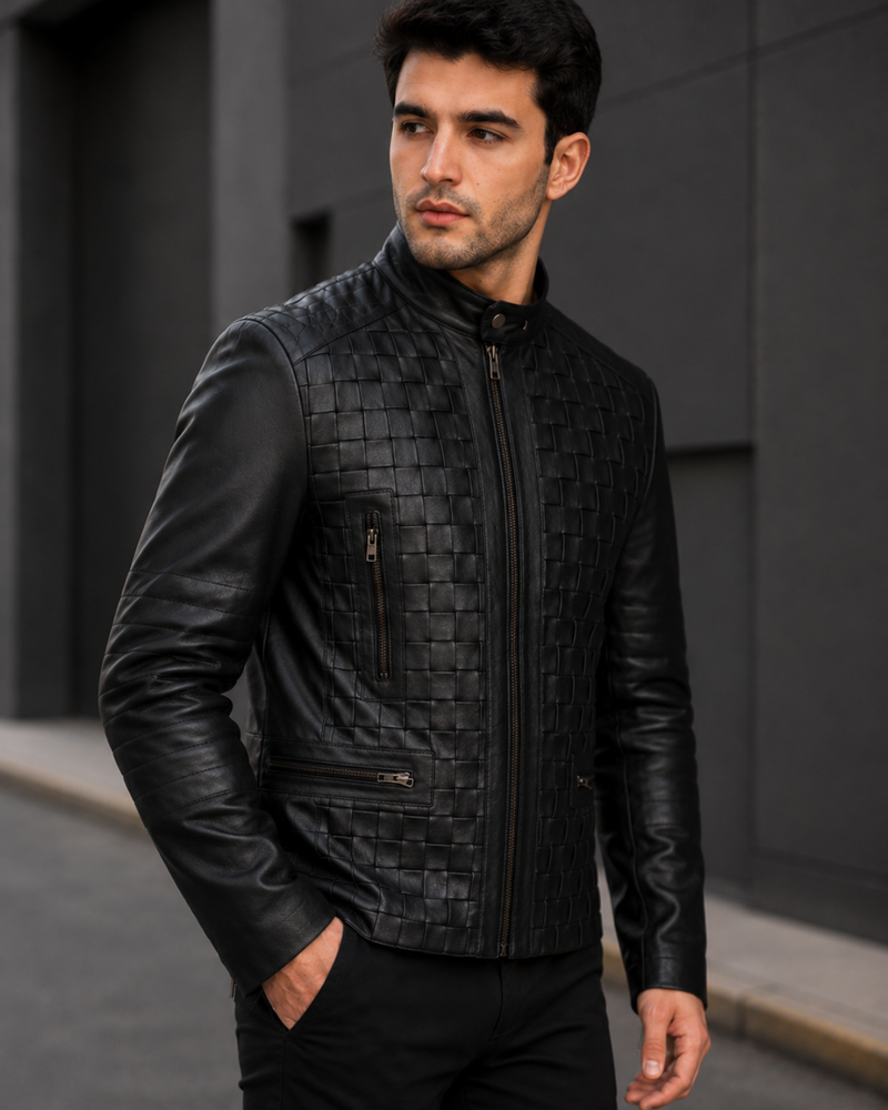 Jose Men's Black Woven Lamb Leather Biker Jacket with Stand Collar