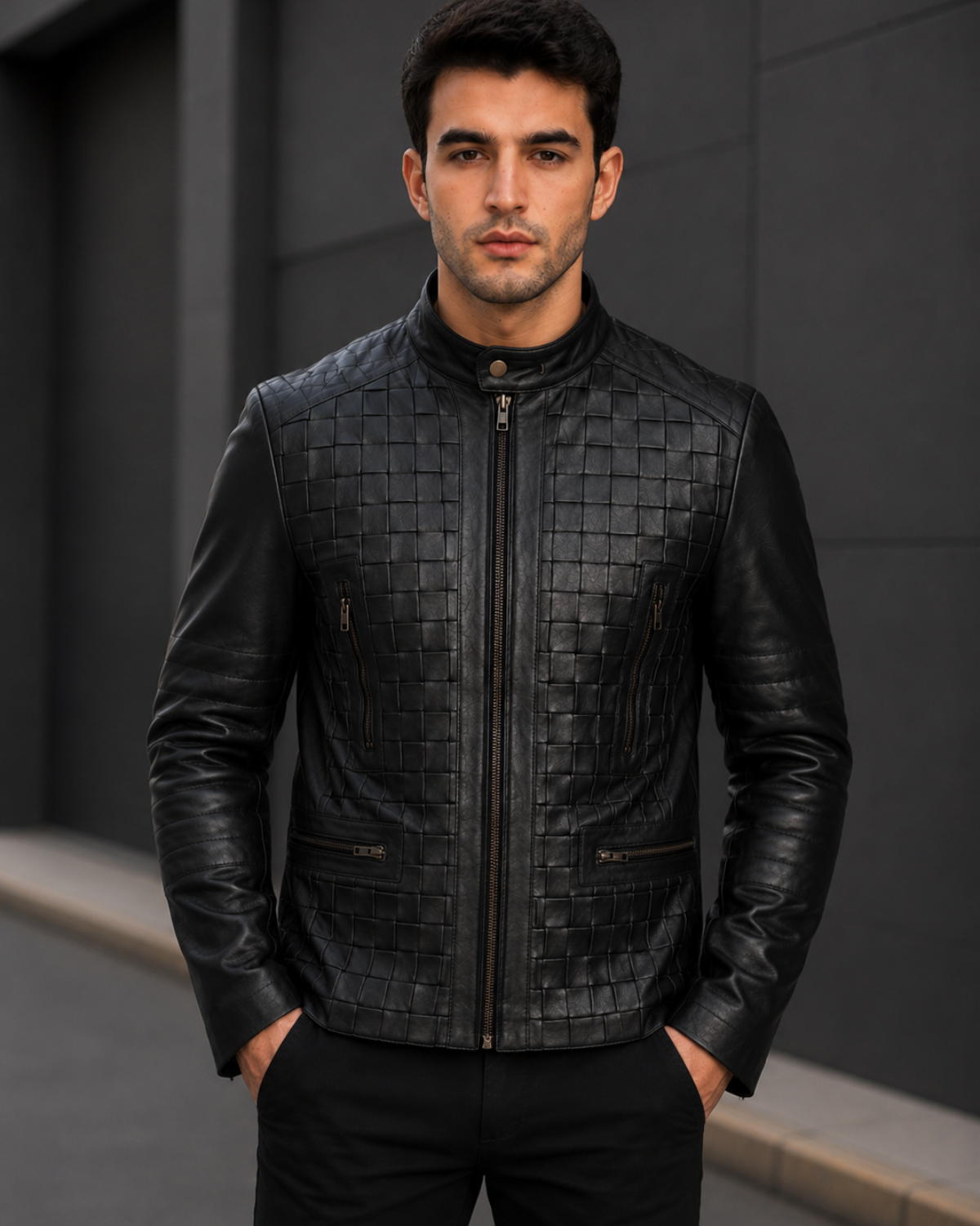 Jose Men's Black Woven Lamb Leather Biker Jacket with Stand Collar