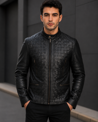 Jose Men's Black Woven Lamb Leather Biker Jacket with Stand Collar