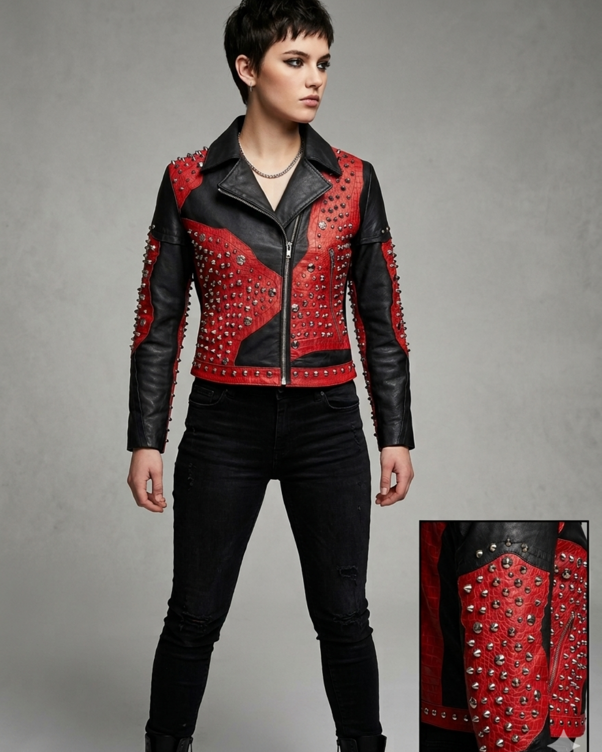 Leather Multi Studded with Rivets buttons   Woman Jacket