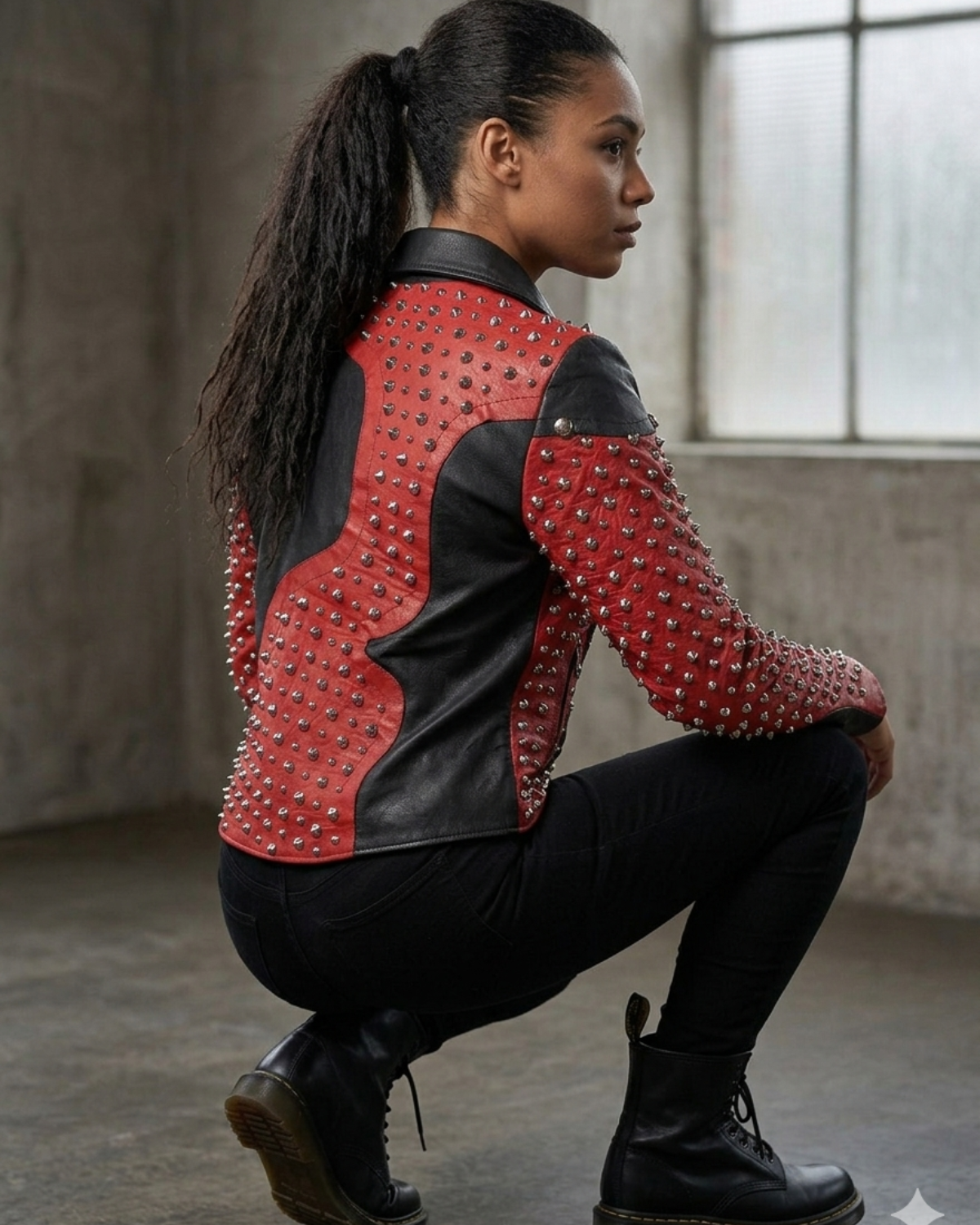 Leather Multi Studded with Rivets buttons   Woman Jacket