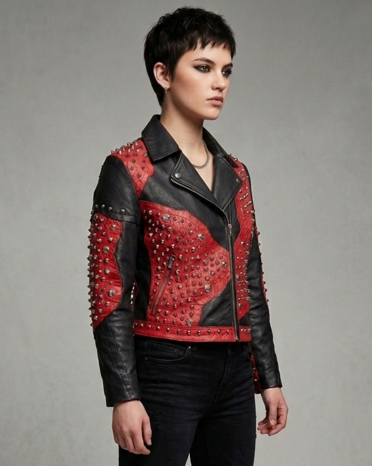 Leather Multi Studded with Rivets buttons   Woman Jacket