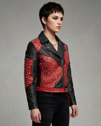 Leather Multi Studded with Rivets buttons   Woman Jacket